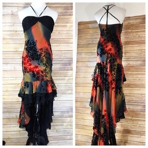 Elegant High Low Dress with Black and Red Accents